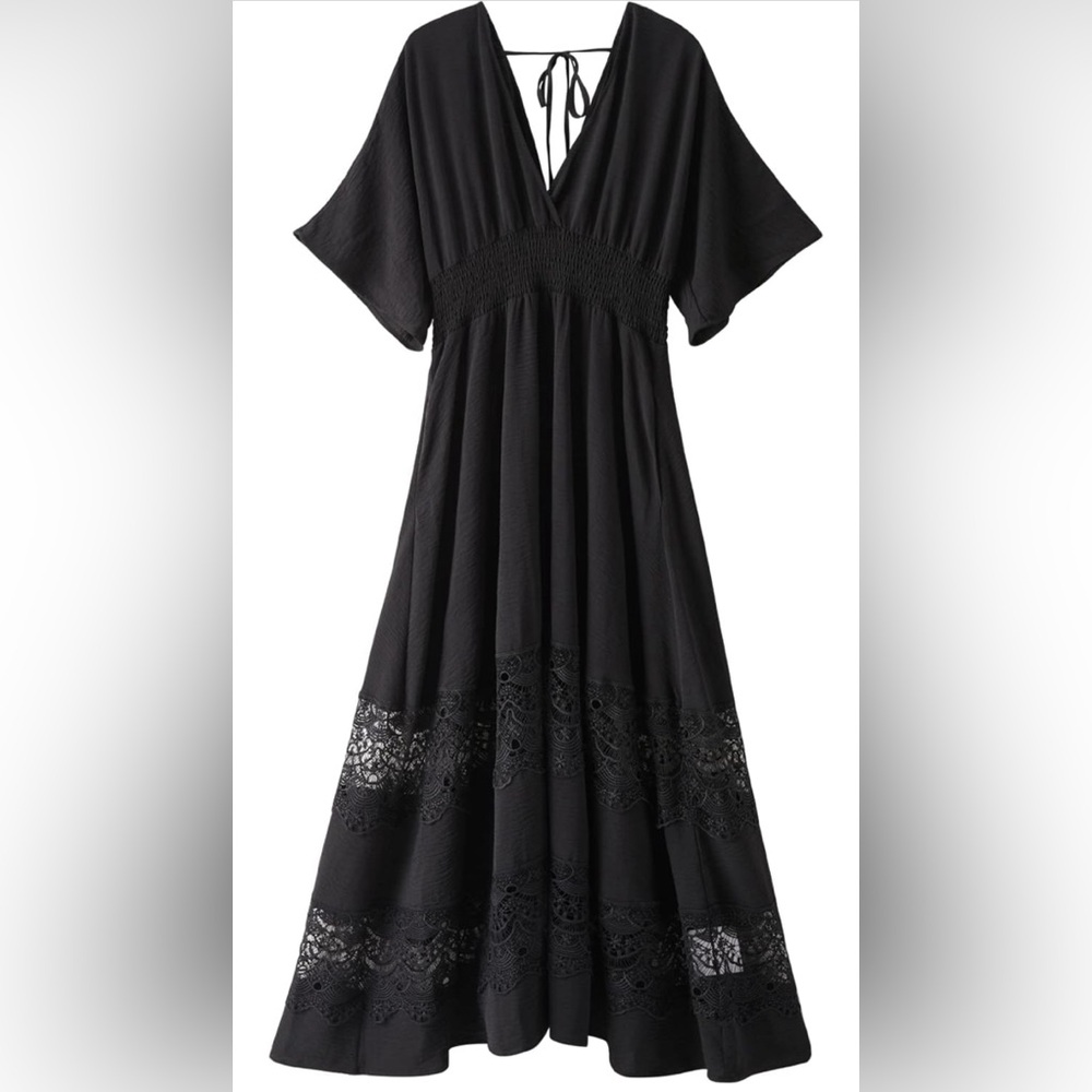 Women's Lace Maxi Dress Short Sleeve V Neck Smocked Waist Boho Bohemian Dress